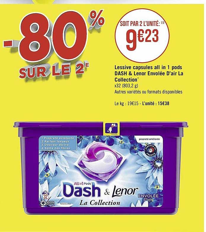 -80% le 2e lessive capsules all in 1 pods dash & lenor envolee d'air la collection