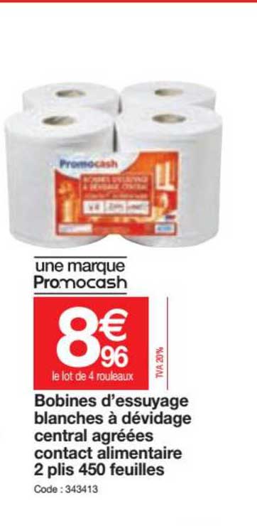 bobines d'essuyage blanches à dévidage central agréées contact alimentaire 2 plis 450 feuilles