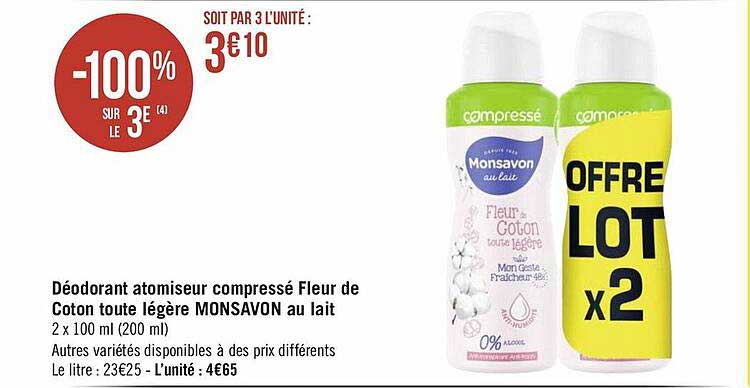 déodorant atomiseur compressé fleur de coton toute légère monsavon au lait