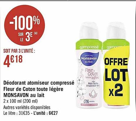 déodorant atomiseur compressé fleur de coton toute légère monsavon au lait