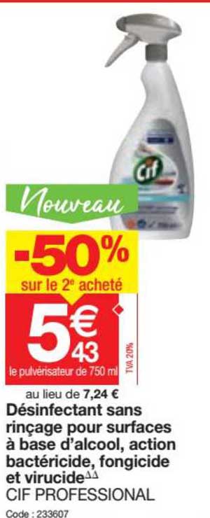désinfectant sans rinçage pour surfaces à base d'alcool, action bactéricide, fongicide et virucide cif professional