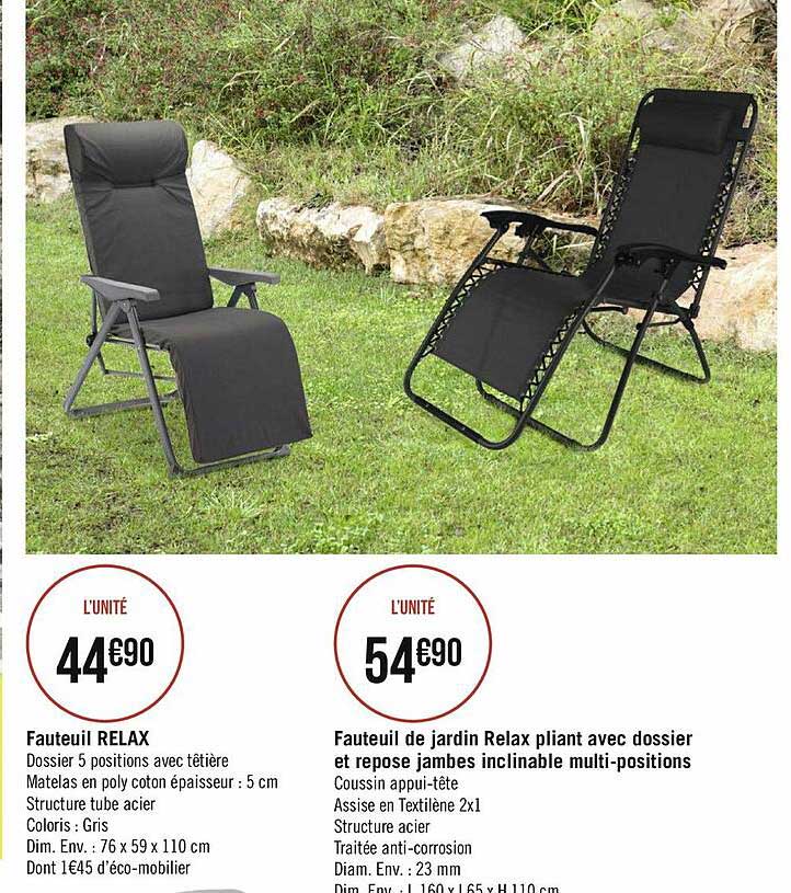 fauteuil relax, fauteuil de jardin relax pliant avec dossier et repose jambes inclinable multi-positions