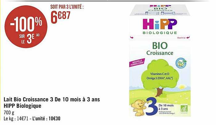 lait bio croissance 3 de 10 mois à 3 ans hipp biologique