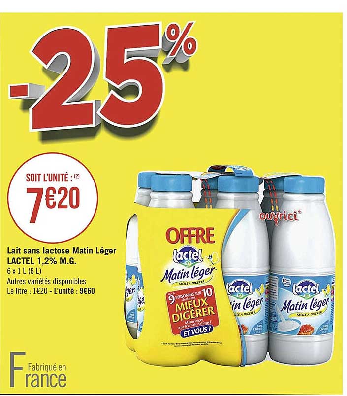 lait sans lactose matin léger lactel 1,2% m.g.