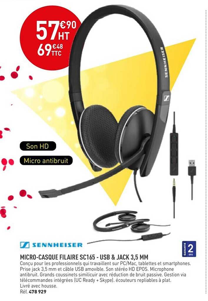 sennheiser micro-casque filaire sc165- usb & jack 3,5 mm