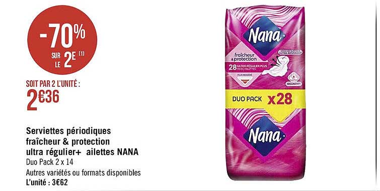 serviettes périodiques fraîcheur & protection ultra régulier+ ailettes nana