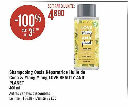 shampooing oasis réparatrice huile de coco & ylang ylang love beauty and planet