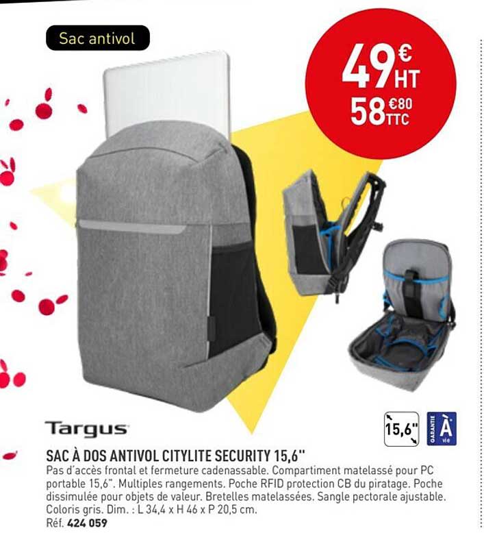 targus sac a dos antivol citylite security 15,6"