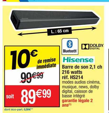 Barre De Son 2,1 Ch 216 Watts Hisense