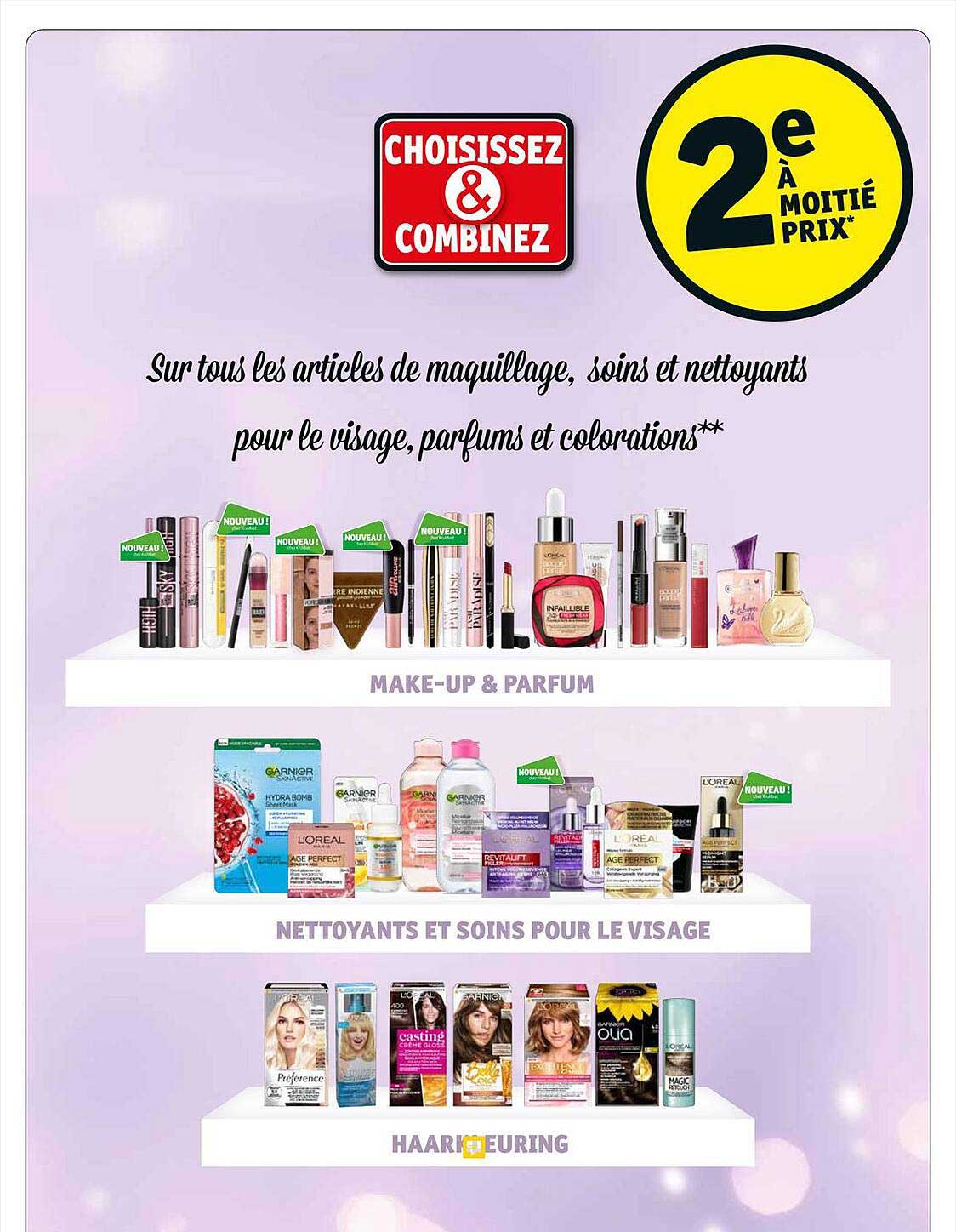 articles de maquillage, soins et nettoyants pour le visage, aprfums et colorations