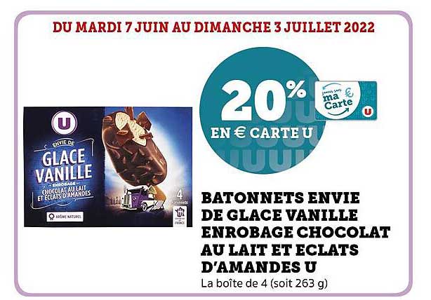 bâtonnets envie de glace vanille enrobage chocolat au lait et éclatq d'amandes u