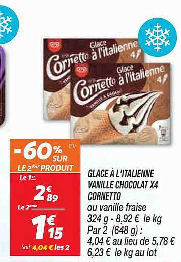glace à l'italienne vanille chocolat x 4 cornetto