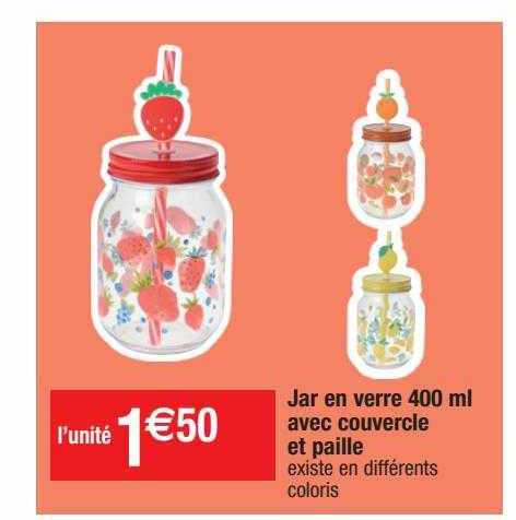 jar en verre 400 ml avec couvercle et paille