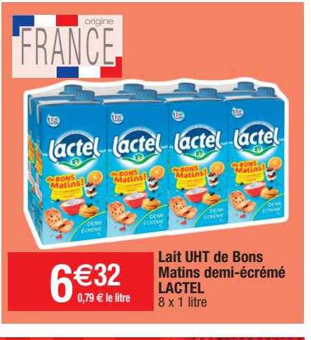 lait uht de bons matins demi-écrémé lactel