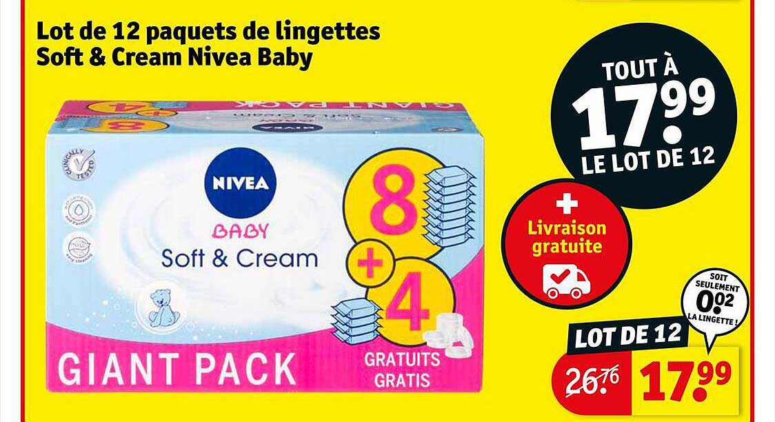 lot de 12 paquets de lingettes soft & cream nivea baby