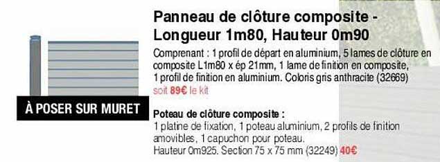 panneau de clôture composite - longueur 1m80, hauteur 0m90