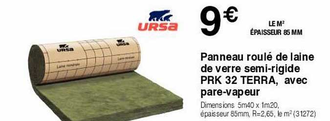 panneau roulé de laine de verre semi-rigide prk 32 terra, avec pare-vapeur