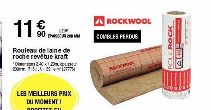 rouleau de laine de roche revêtue kraft