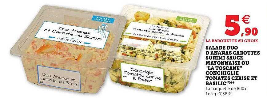salade duo d'ananas carottes surimi sauce mayonnaise ou "la toscane" conchiglie tomates cerise et basilic