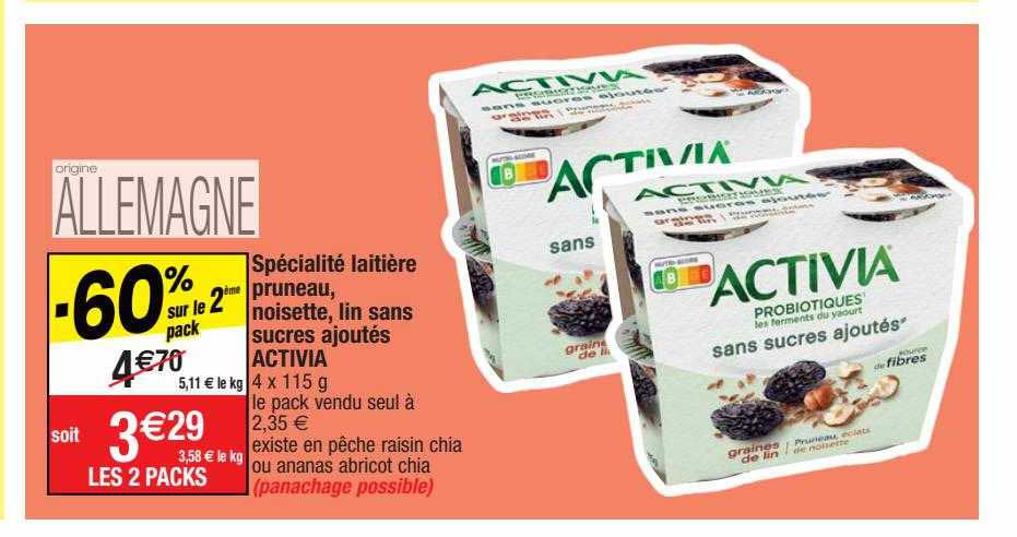 Spécialité Laitière Pruneau, Noisette, Lin Sans Sucres Ajoutés Activia