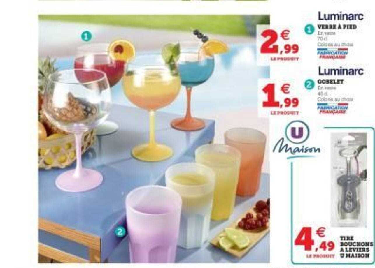 verre à pied luminarc, gobelet luminarc, tire bouchons à leviers u maison