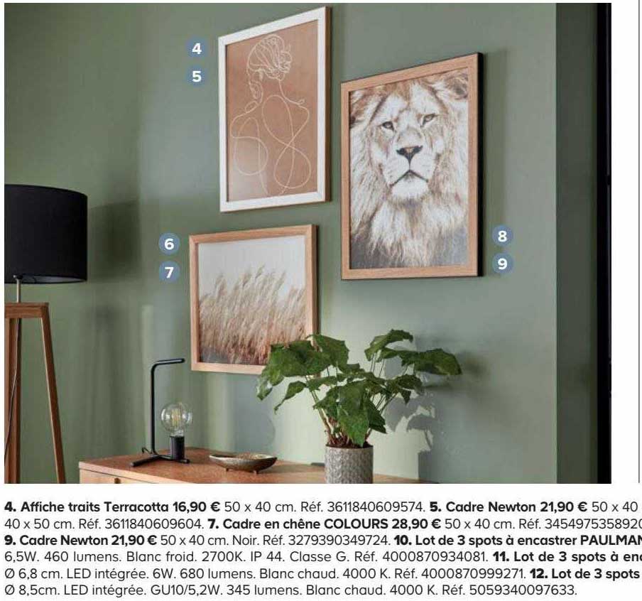 affiche traits terracotta, cadre newton, cadre en chêne colours, cadre newton, lot de 3 spots à encastrer paulman