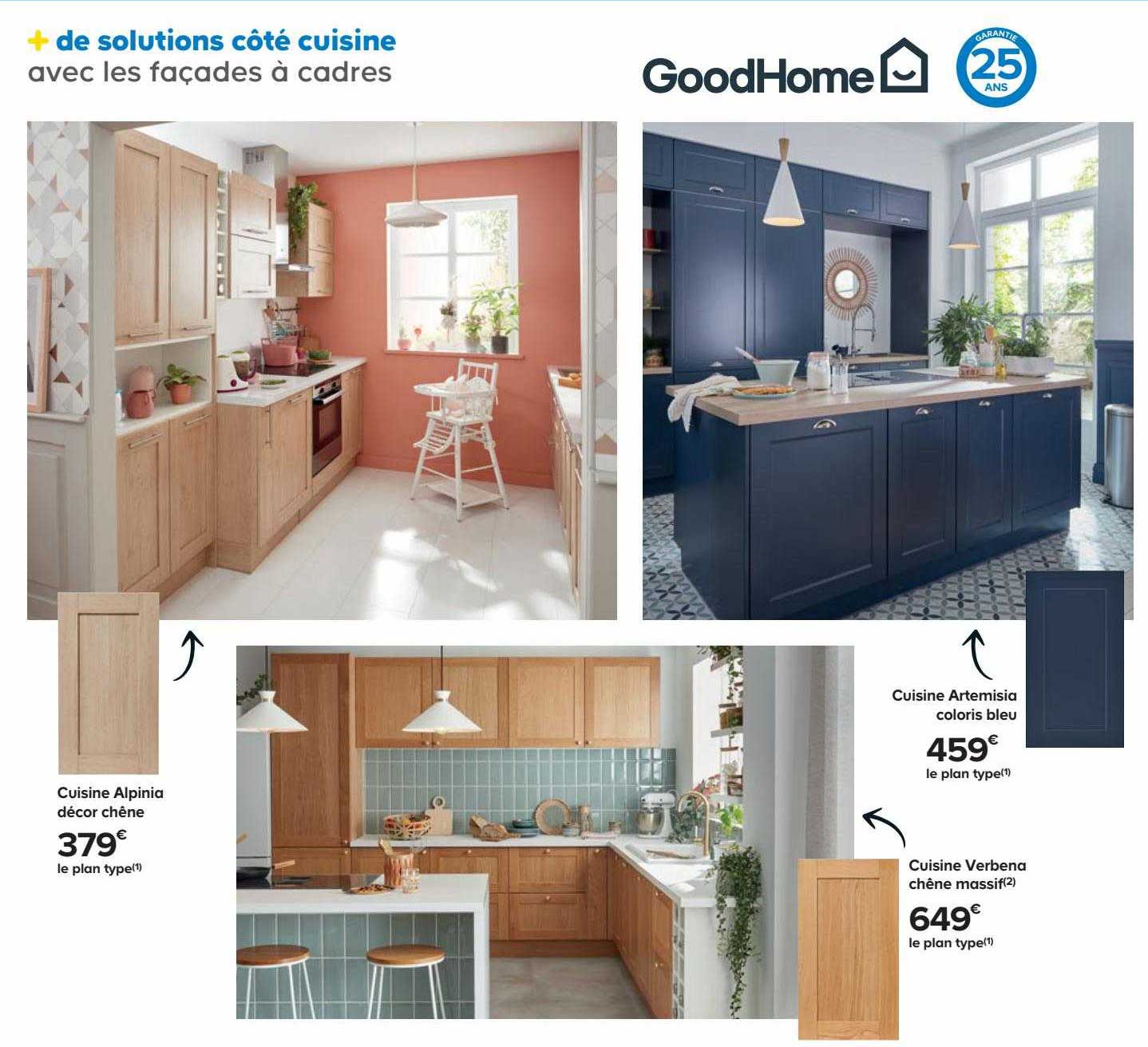 cuisine alpinia décor chêne goodHome, cuisine artemisia coloris bleu goodHome, cuisine verbena chêne massif goodHome