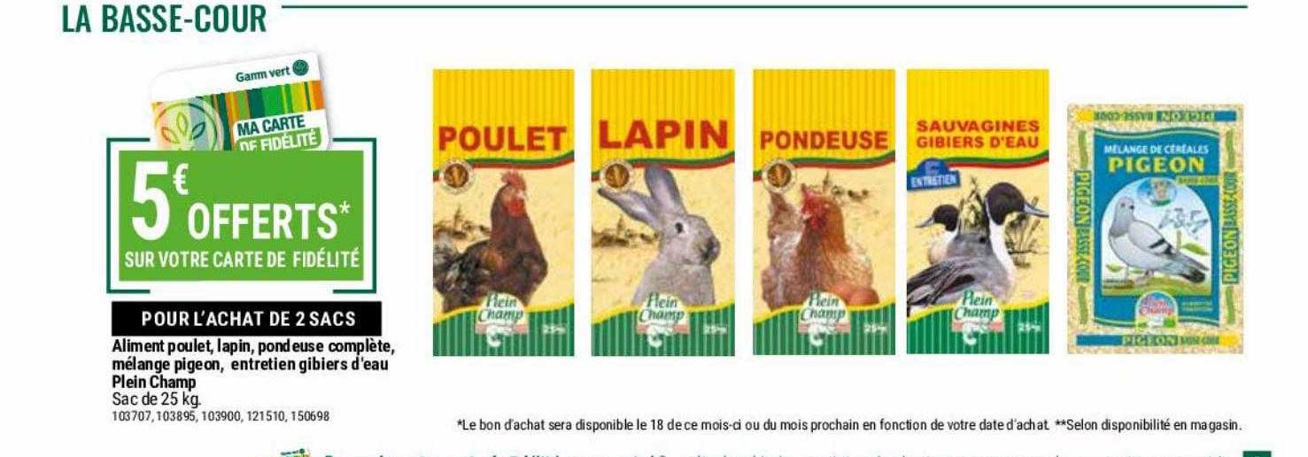 aliment poulet, lapin, pondeuse compète, mélange pigeon, entretien gibiers d'eau plein champ