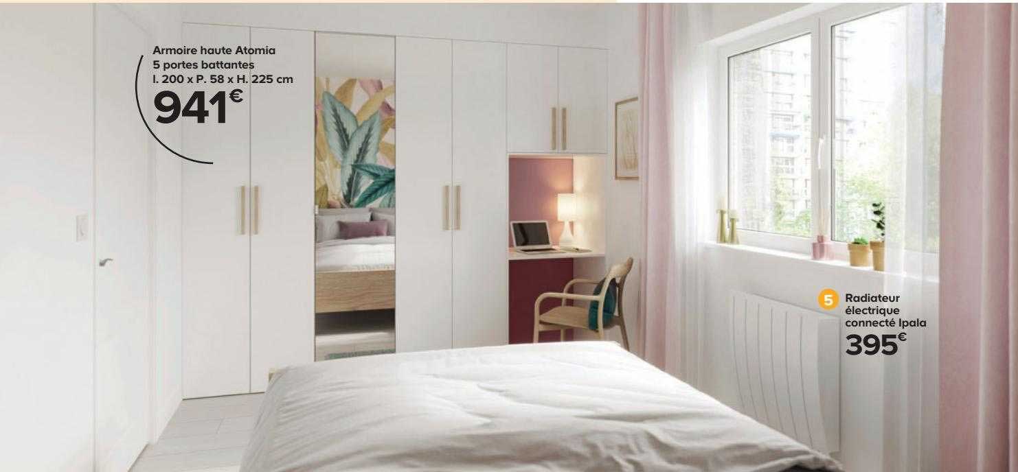 armoire haute atomia 5 portes battantes l. 200 x p. 58 x h. 225 cm, radiateur électrique connecté ipala