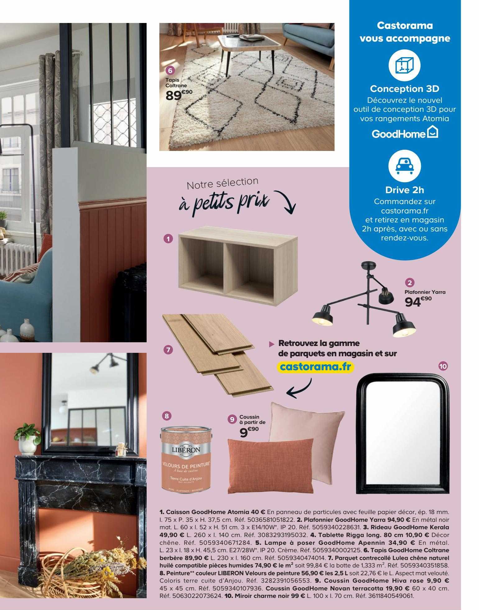 caisson goodHome atomia, plafonnier goodHome yarra, rideau goodHome kerala, tablette rigga long, lampe à poser goodHome apennin, tapis goodHome coltrane berbère, parquet contrecollé luléa chêne