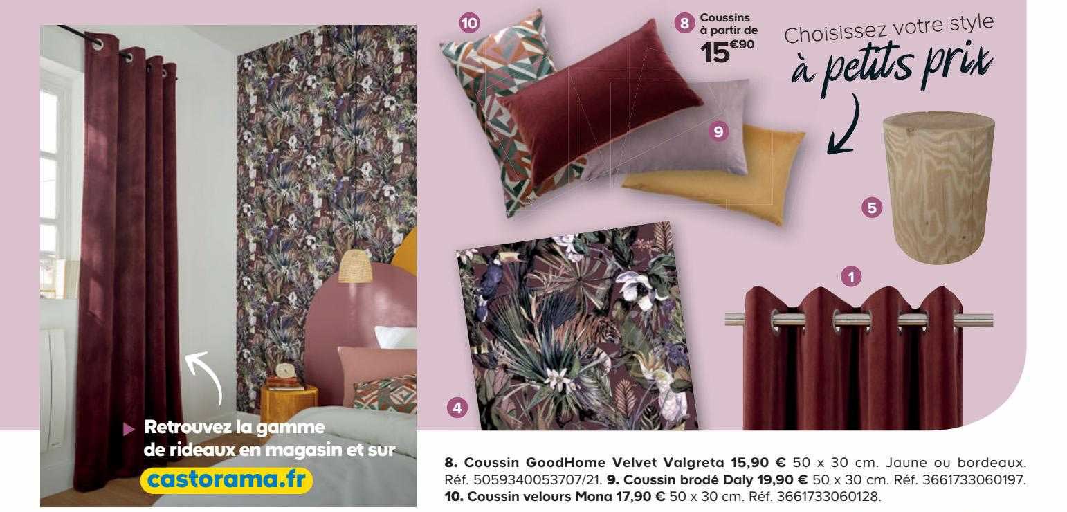 coussins goodHome velvet valgreta, coussin brodé daly, coussin velours mona