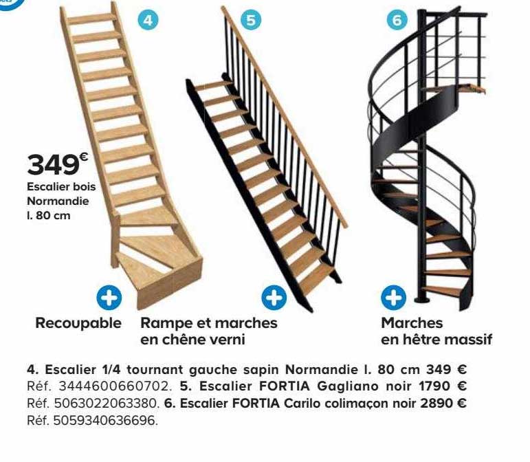 escalier 1-4 tournant gauche sapin normandie l. 80 cm, escalier fortia gagliano noir, escalier fortia carilo colimaçon noir