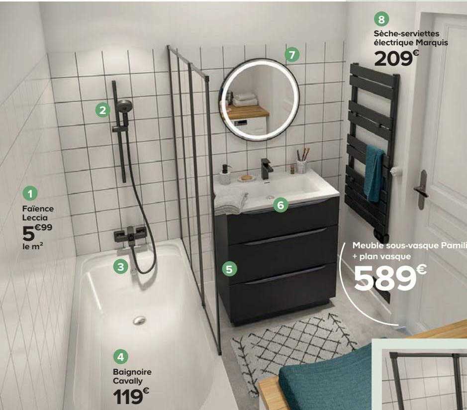 faïence leccia, baignoire cavally, sèche-serviettes électrique marquis, meuble sous-vasque pamil + plan vasque
