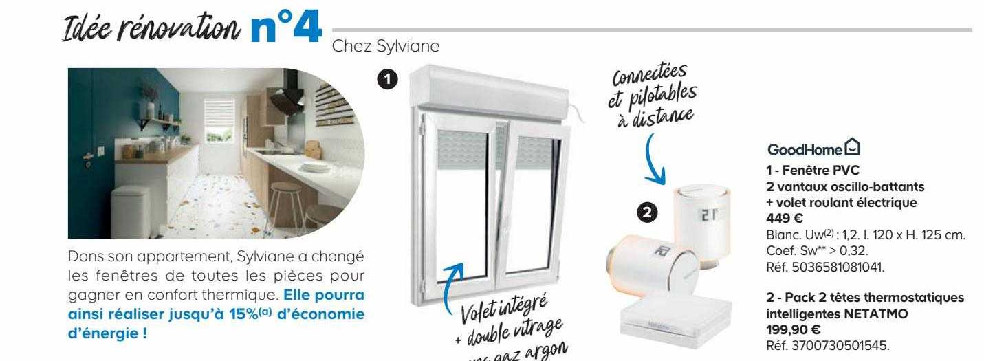 fenêtre pvc 2 vantaux oscillo-battants + volet roulant électrique, pack 2 têtes thermostatiques intelligentes netatmo