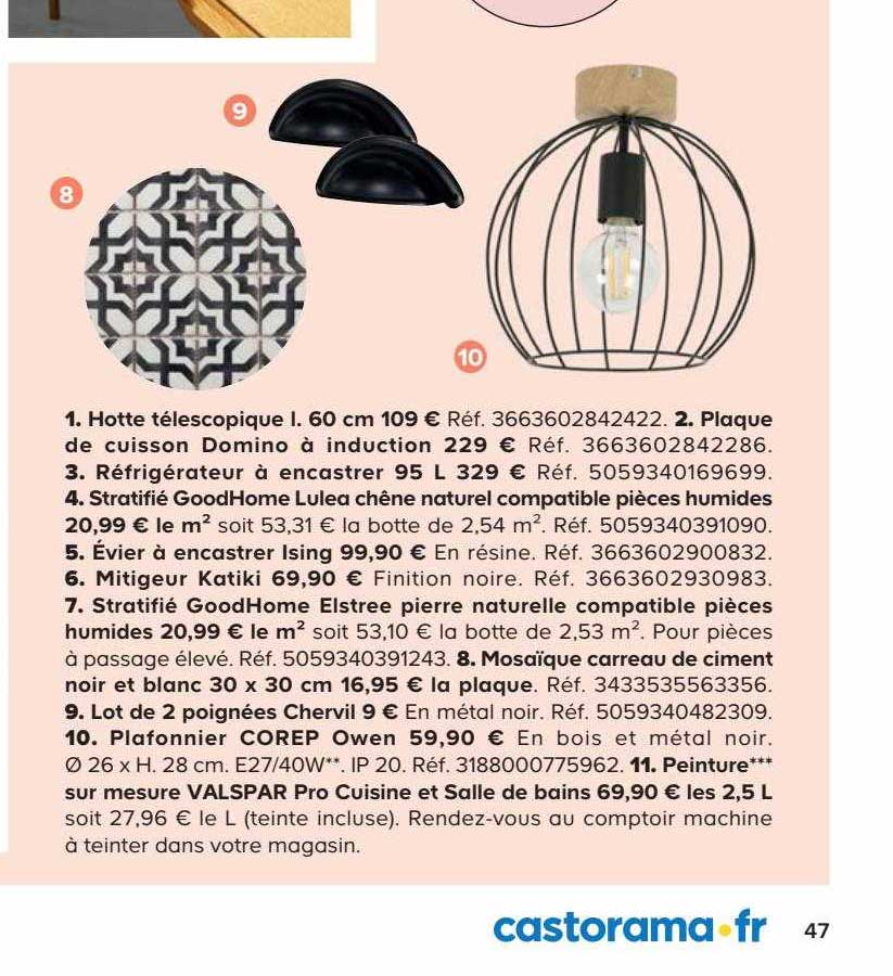 hotte téléscopique l. 60 cm, plaque de cuisson domino à induction, réfrigérateur à encastrer 95l, stratifié goodHome lulea chêne naturel compatible pièces humides, évier à encastrer ising, mitiguer