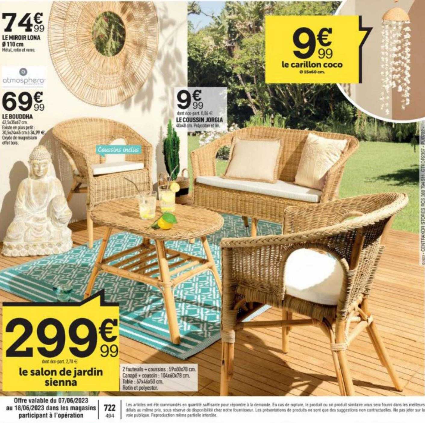 le miroir lona ø 110 cm, le bouddha, le coussin jorgia, le carillon coco, le salon de jardin sienna