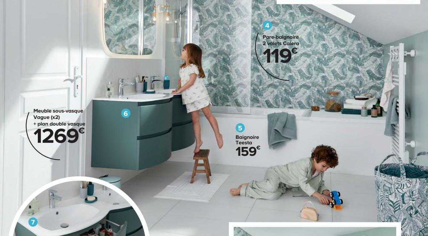 meuble sous-vasque vague (x2) + plan double vasque, baignoire teesta, pare-baignoire 2 volets calera