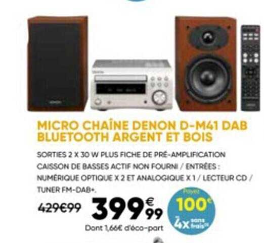 micro chaîne denon d-m41 dab bluetooth argent et bois