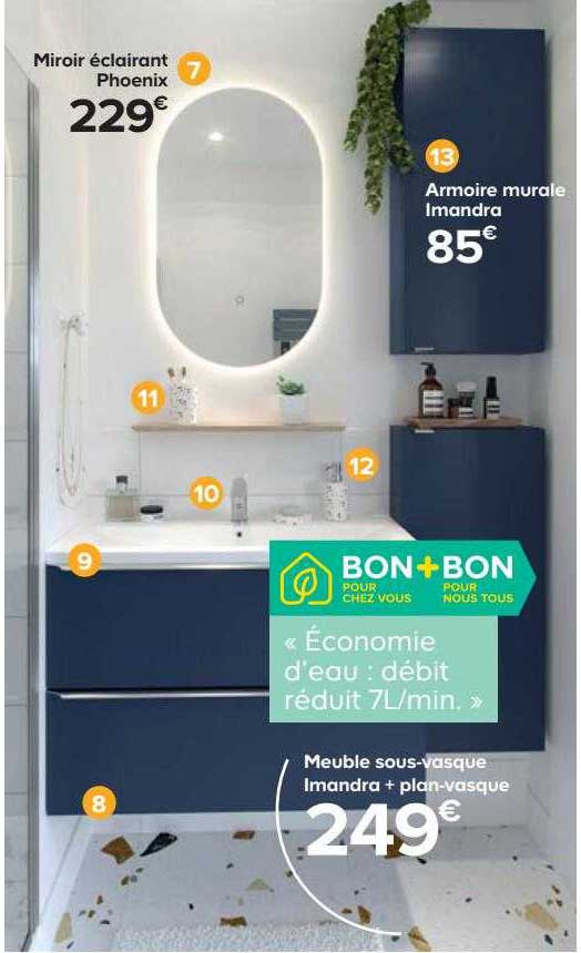 miroir éclairant phoenix, armoire murale imandra, meuble sous-vasque imandra + plan-vasque