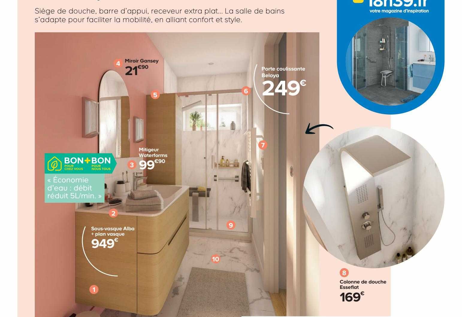 miroir gansey, mitigeur waterforms, sous-vasque alba + plant vasque, porte coulissante beloya, colonne de douche esseflat