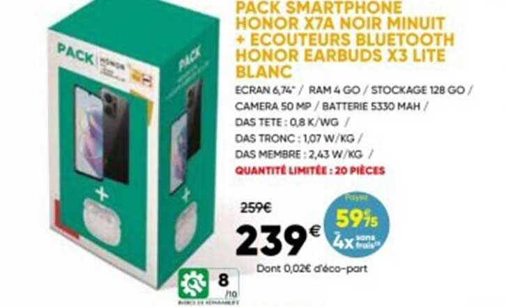 pack smartphone honor x7A nori minuit + écouteurs bluetooth honor earbuds x3 lite blanc