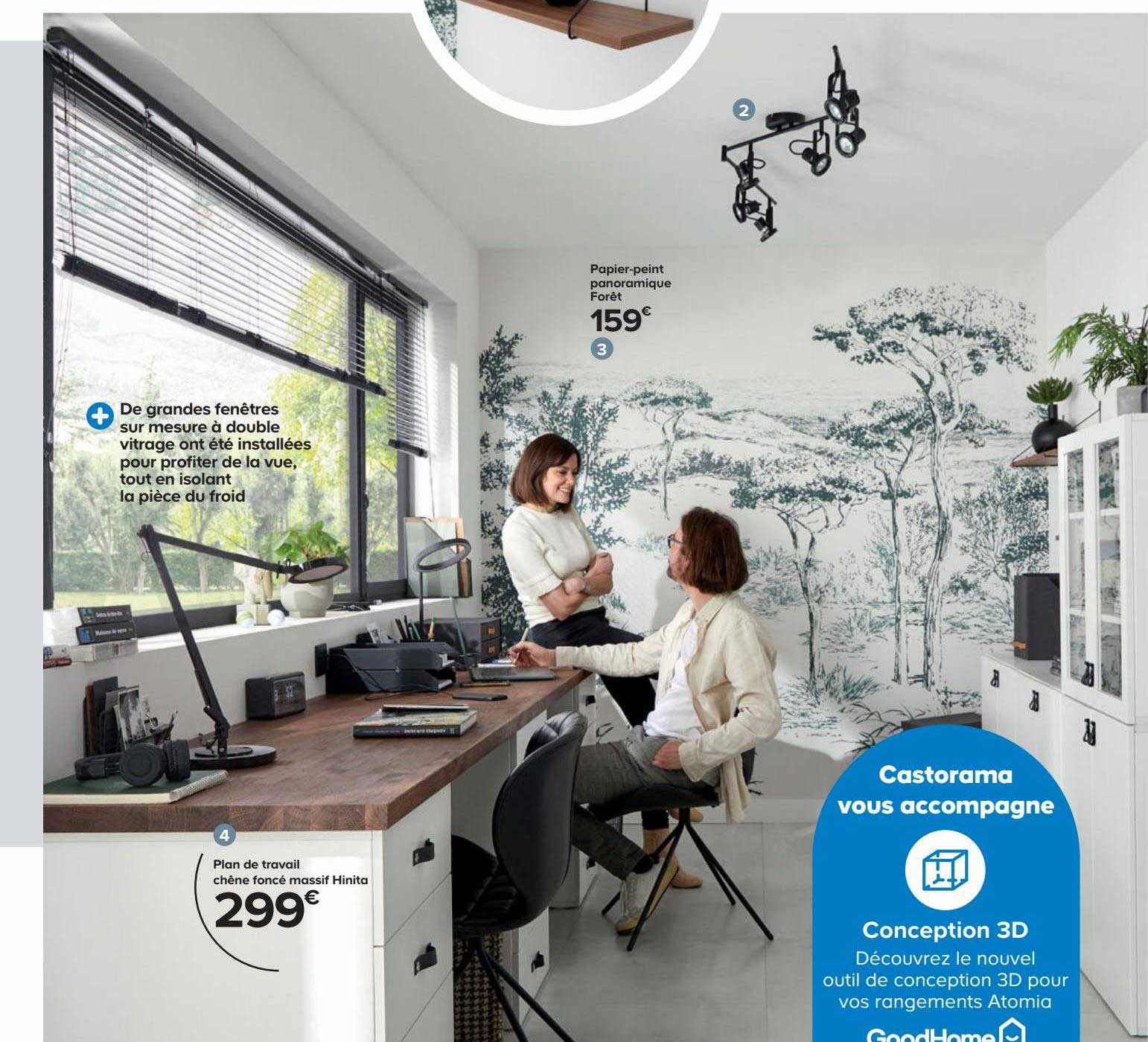 papier-peint panoramique forêt, plan de travail chêne foncé massif hinita