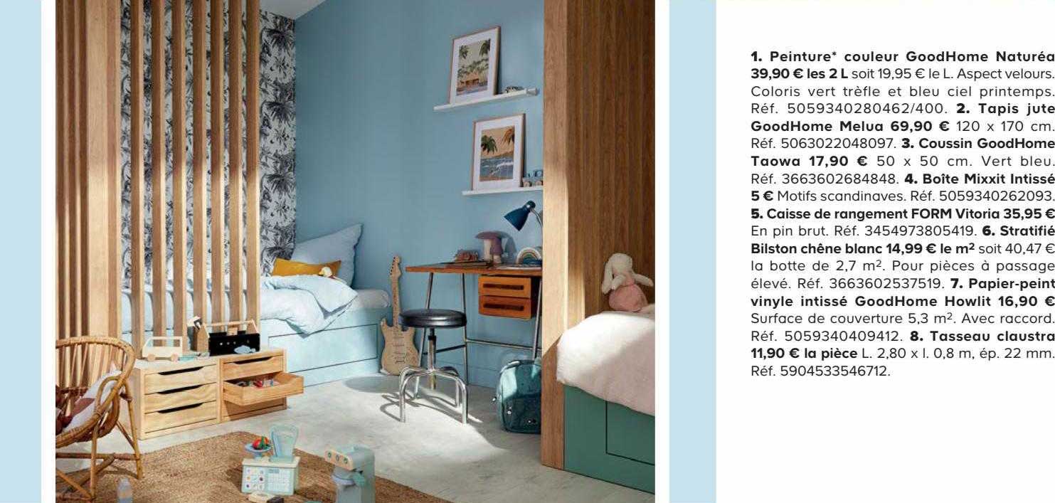 peinture couleur goodHome naturéa, tapis jute goodHome melua, coussin goodHome taowa, boîte mixxit intissé, caisse de rangement form vitoria, stratifié bilston chêne blanc, papier-peint vinyle intissé