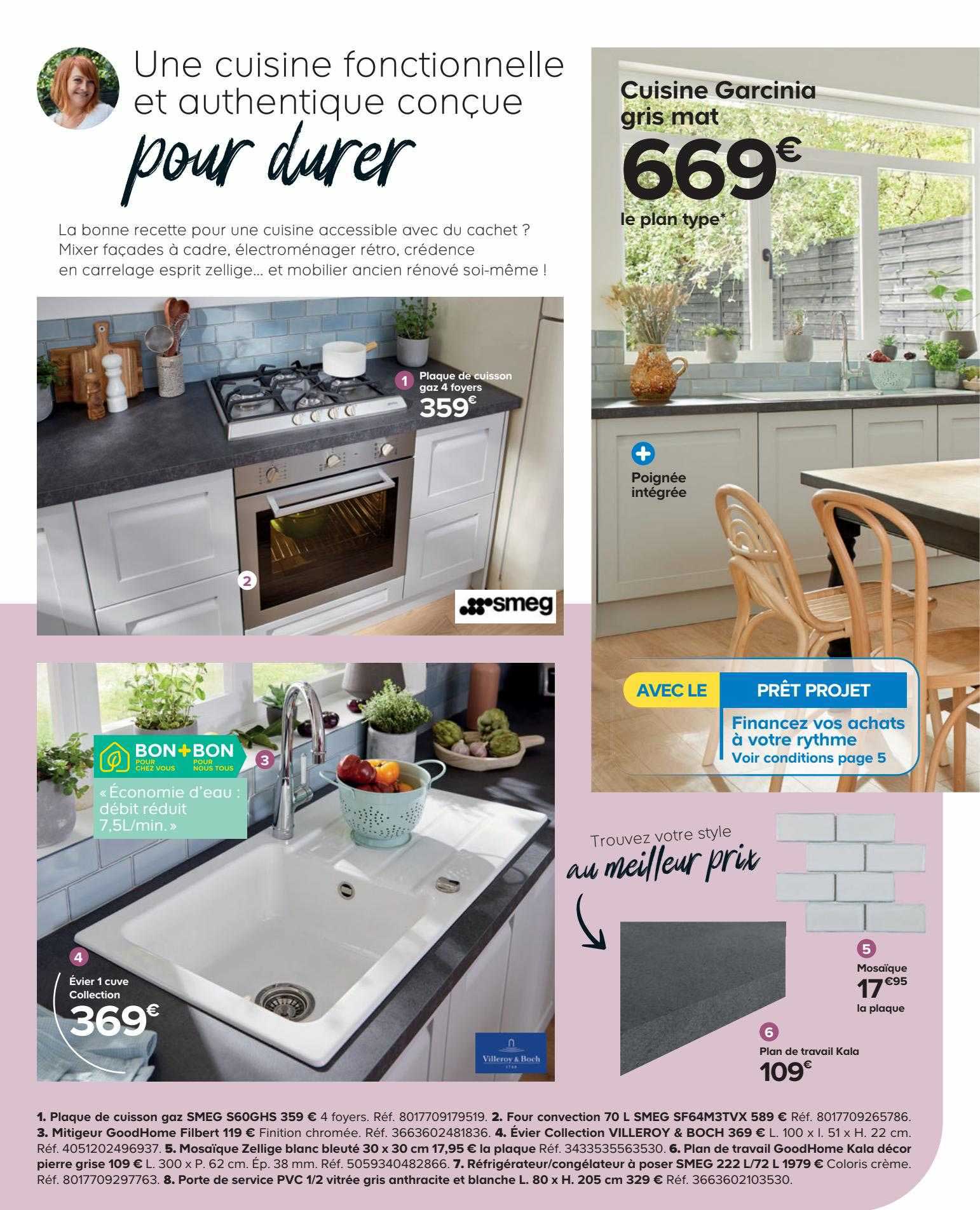 plaque de cuisson gaz smeg s60ghs, four convection 70l smeg, mitigeur goodHome filbert, évier collection villeroy & boch, mosaïque zellige blanc bleuté 30 x 30 cm, plant de travail goodHome kala décor