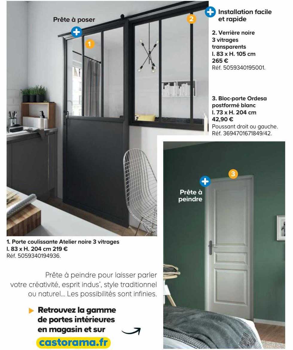 porte coulissante atelier noire 3 vitrages l. 83 x h. 204 cm, verrière noire 3 vitrages transparents l. 83 x h.105 cm, bloc-porte ordesa postformé blanc l. 73 x h. 204 cm