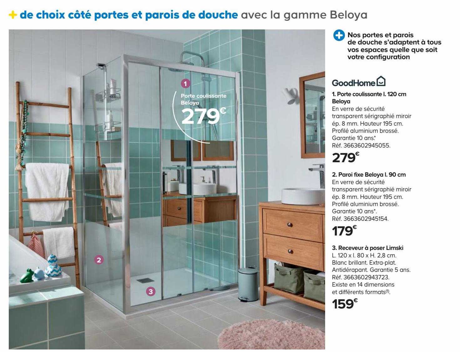 porte coulissante l. 120 cm beloya goodHome, paroi fixe beloya l. 90 cm goodHome, receveur à poser limski goodHome