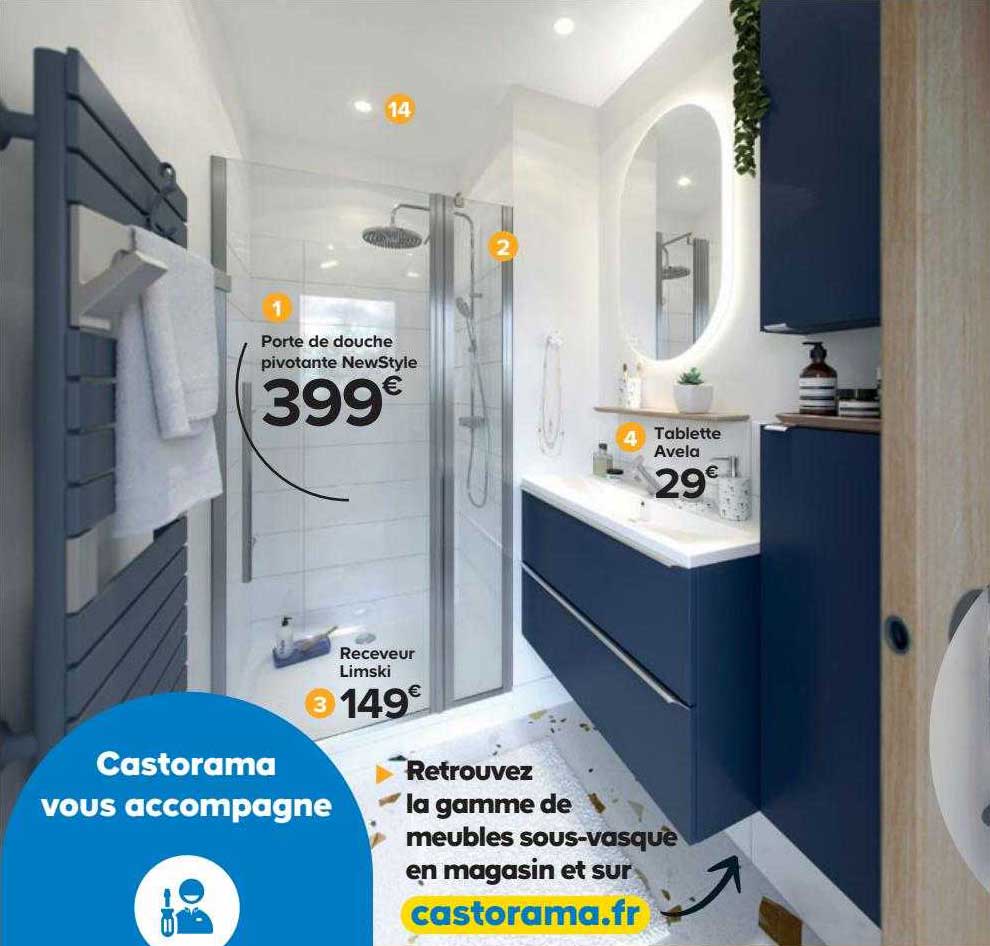 porte de douche pivotante newstyle, receveur limski, tablette avela