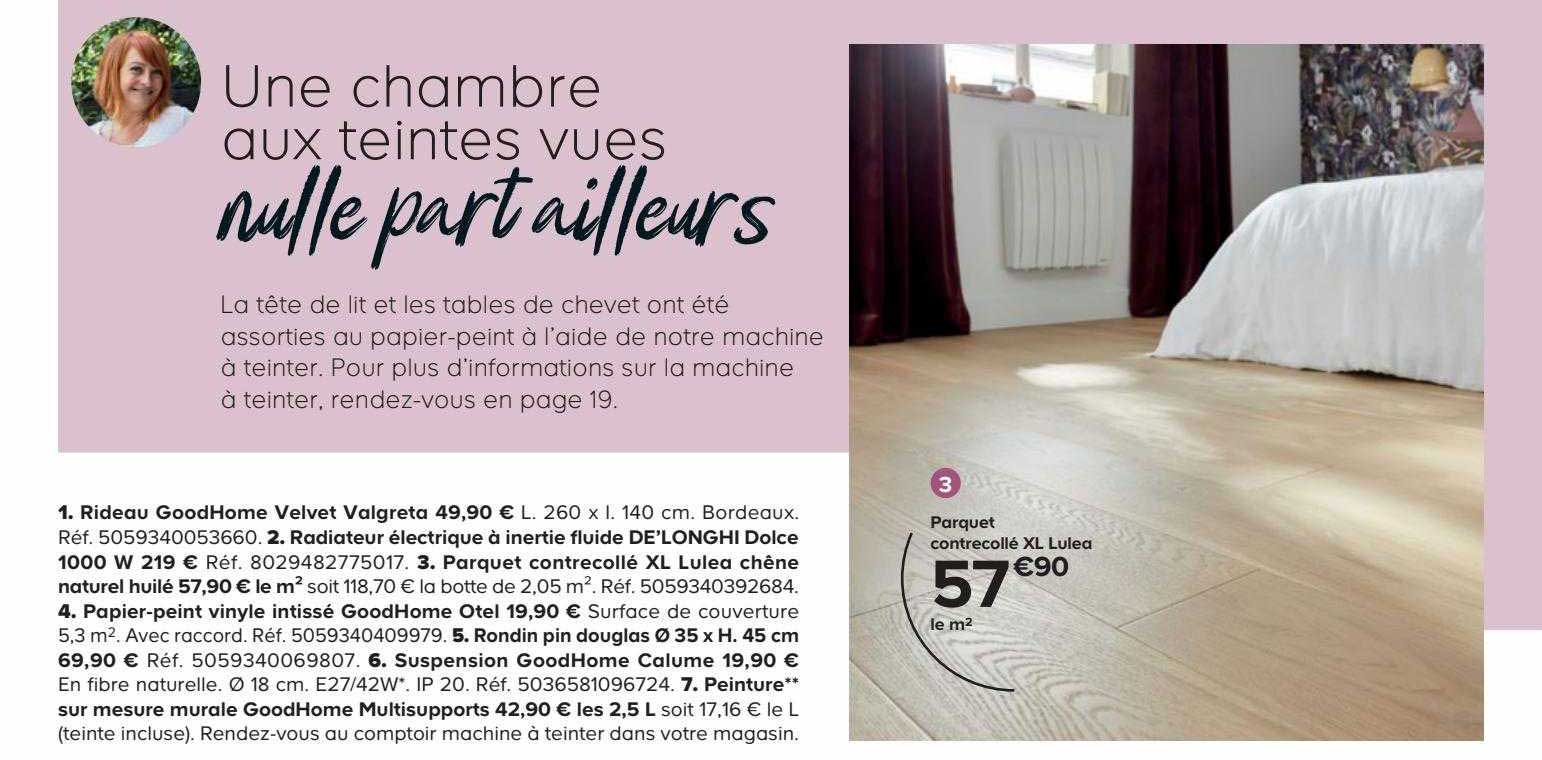 rideau goodHome velvet valgreta, radiateur électrique à inertie fluide de'longhi dolce 1000w, parquet contrecollé xl lulea chêne naturel huilé, papier-peint vinyle intissé goodHome otel