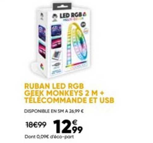 ruban led rgb geek monkeys 2m + télécommande et usb