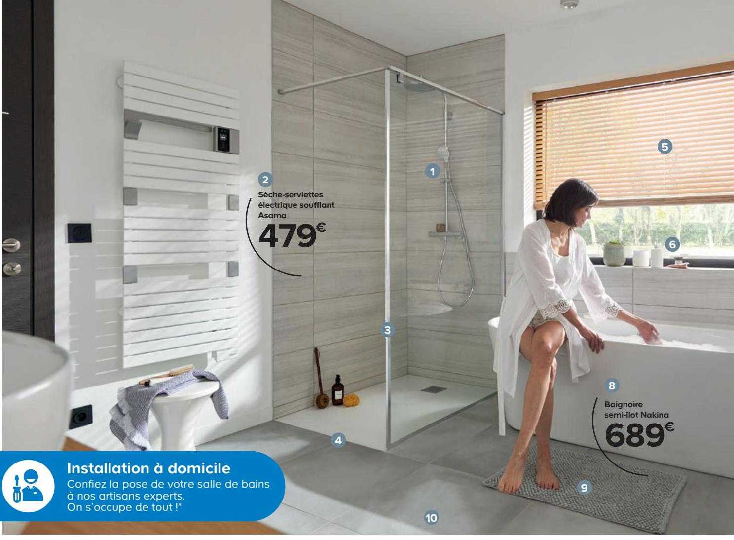 sèche-serviettes électrique soufflant asama, baignoire semi-ilot nakina